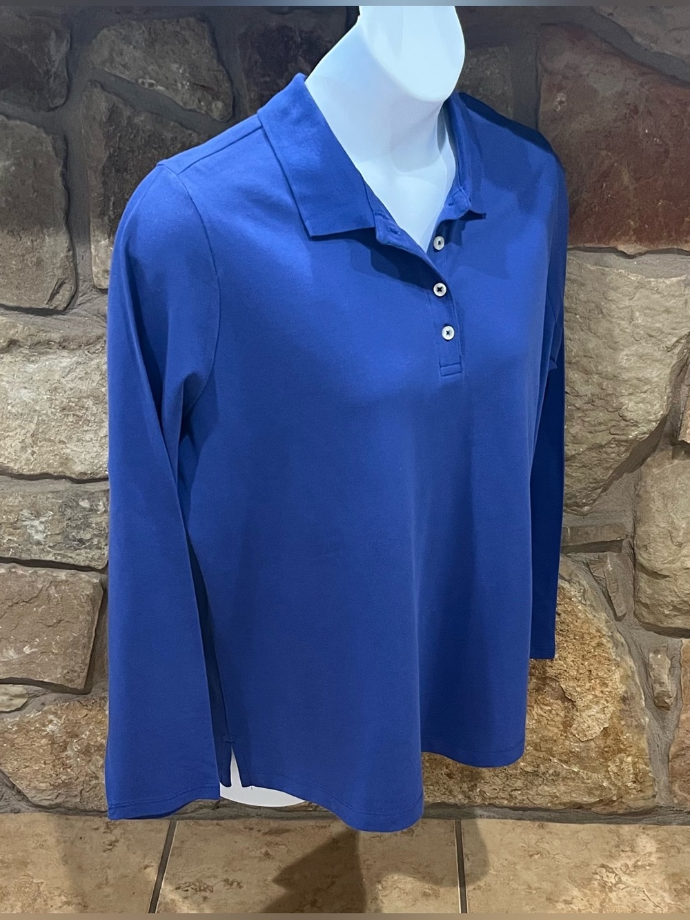 Lands’ End Cobalt Blue Pique Polo Shirt Women's 1X Long Sleeves 100% Cotton
